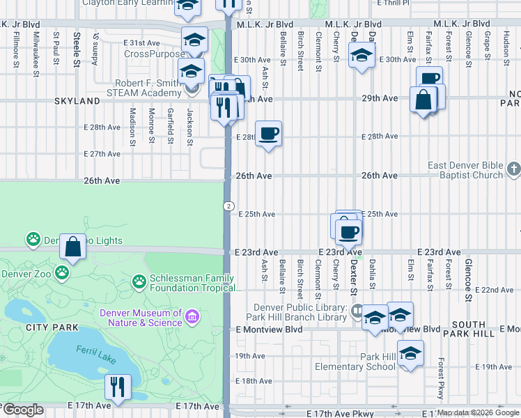 map of restaurants, bars, coffee shops, grocery stores, and more near 2505 Ash Street in Denver