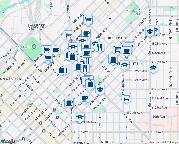 map of restaurants, bars, coffee shops, grocery stores, and more near 2370 Stout Street in Denver