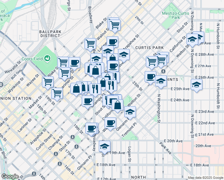 map of restaurants, bars, coffee shops, grocery stores, and more near in Denver