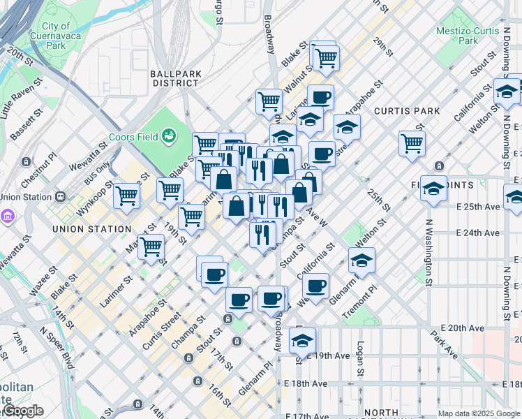 map of restaurants, bars, coffee shops, grocery stores, and more near in Denver