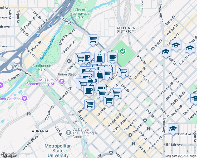 map of restaurants, bars, coffee shops, grocery stores, and more near 1743 Wazee Street in Denver