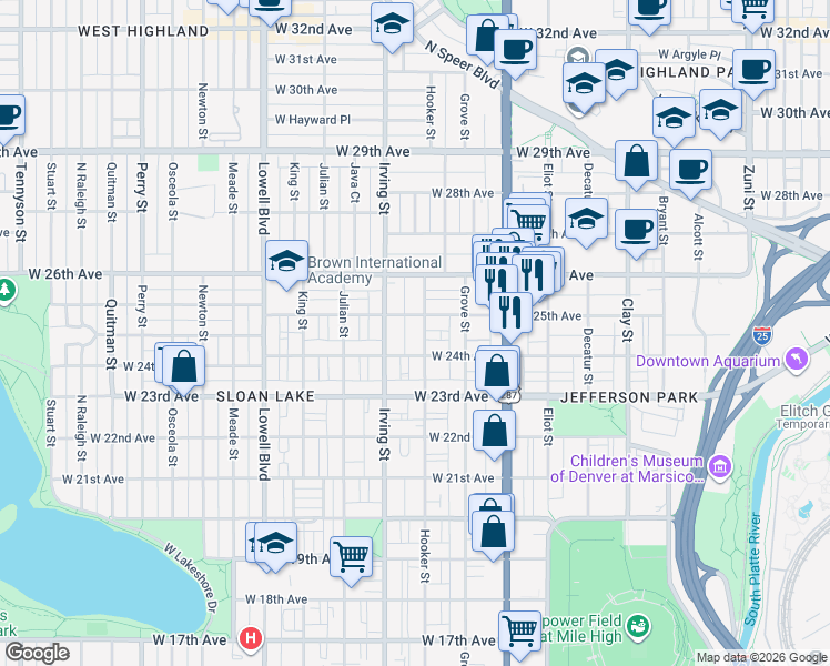 map of restaurants, bars, coffee shops, grocery stores, and more near 2421 Hooker Street in Denver