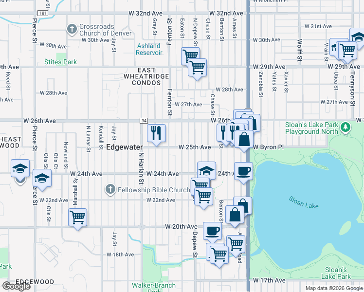 map of restaurants, bars, coffee shops, grocery stores, and more near 2500 Eaton Street in Edgewater