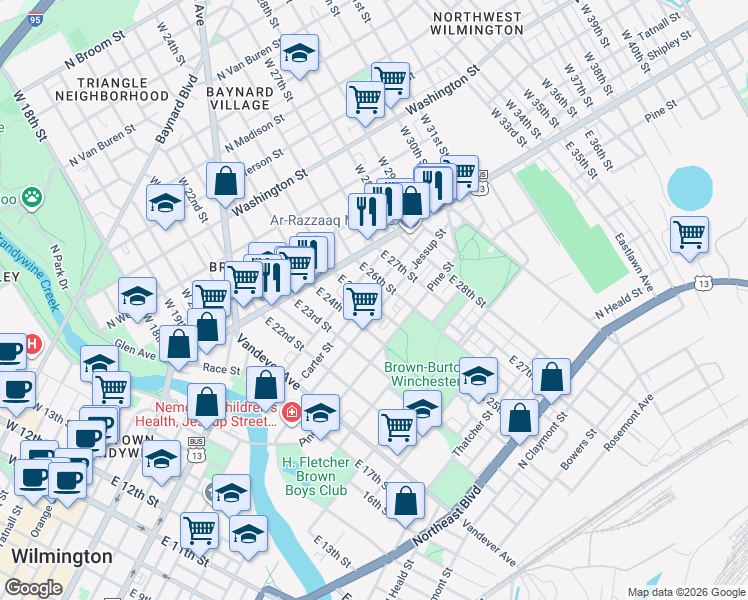 map of restaurants, bars, coffee shops, grocery stores, and more near 114 East 25th Street in Wilmington