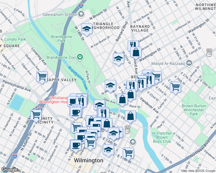 map of restaurants, bars, coffee shops, grocery stores, and more near 221 West 17th Street in Wilmington