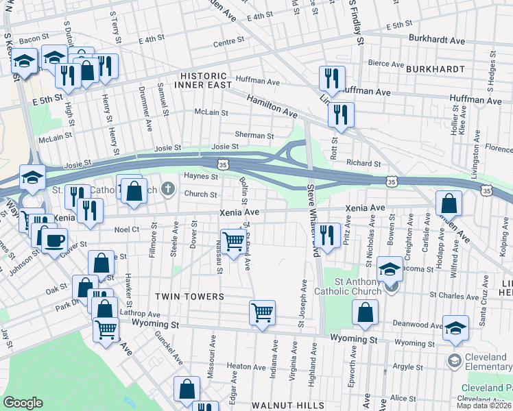 map of restaurants, bars, coffee shops, grocery stores, and more near 939 Xenia Avenue in Dayton