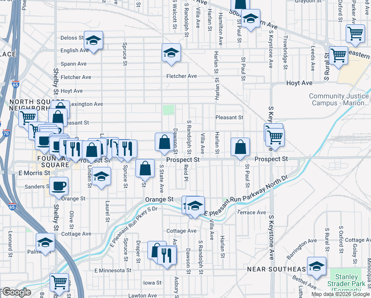 map of restaurants, bars, coffee shops, grocery stores, and more near 1048 South Randolph Street in Indianapolis