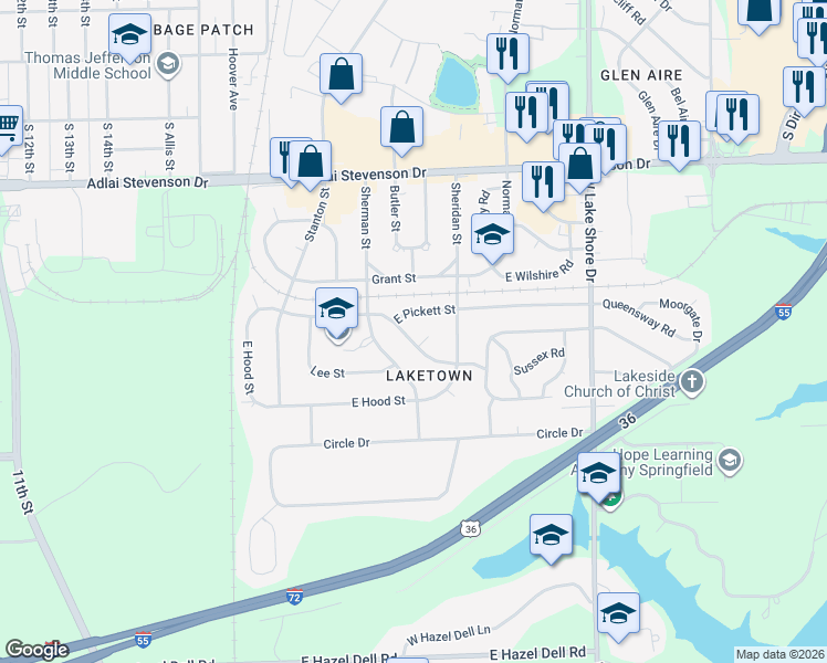 map of restaurants, bars, coffee shops, grocery stores, and more near 2001-2099 E Buchanan St in Springfield