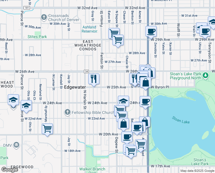 map of restaurants, bars, coffee shops, grocery stores, and more near 2500 Fenton Street in Edgewater