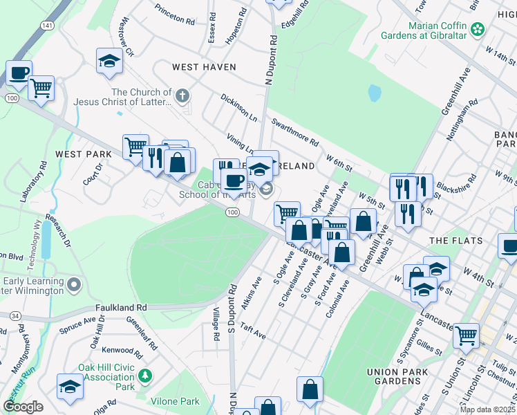 map of restaurants, bars, coffee shops, grocery stores, and more near 3408 Lancaster Avenue in Wilmington