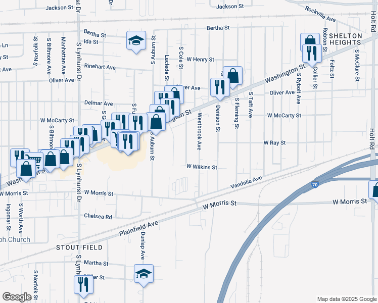 map of restaurants, bars, coffee shops, grocery stores, and more near 905 Woodrow Avenue in Indianapolis