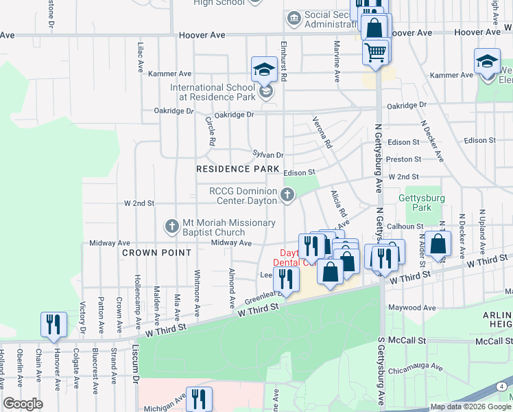 map of restaurants, bars, coffee shops, grocery stores, and more near 4514 West 2nd Street in Dayton