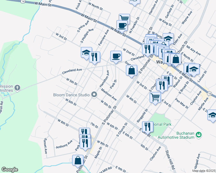 map of restaurants, bars, coffee shops, grocery stores, and more near 212 West 4th Street in Waynesboro