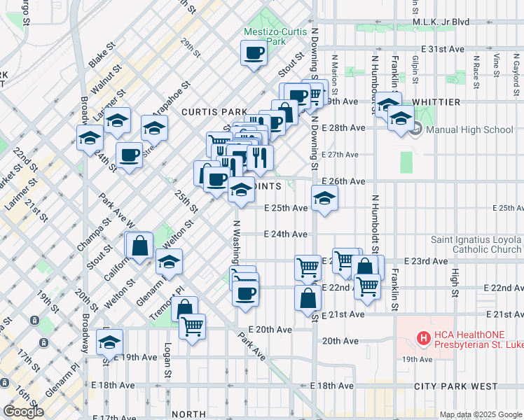 map of restaurants, bars, coffee shops, grocery stores, and more near 812 East 25th Avenue in Denver