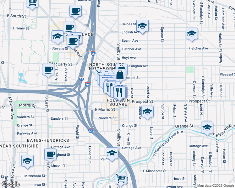 map of restaurants, bars, coffee shops, grocery stores, and more near in Indianapolis