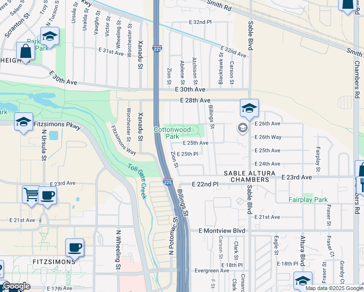 map of restaurants, bars, coffee shops, grocery stores, and more near 13706 East 25th Avenue in Aurora