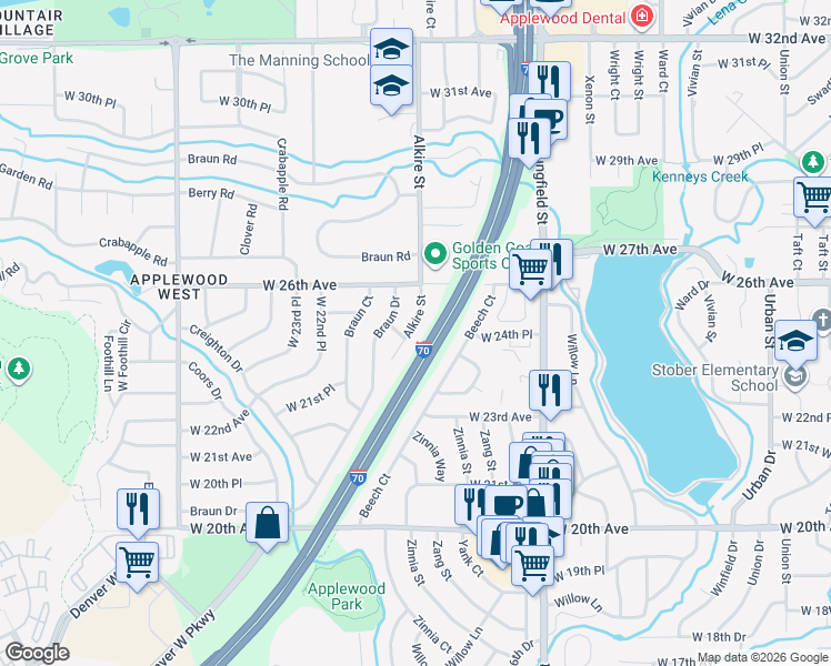 map of restaurants, bars, coffee shops, grocery stores, and more near 2518 Alkire Street in Golden