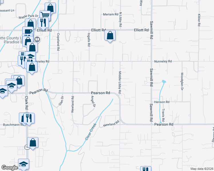 map of restaurants, bars, coffee shops, grocery stores, and more near 5667 Clara Lane in Paradise