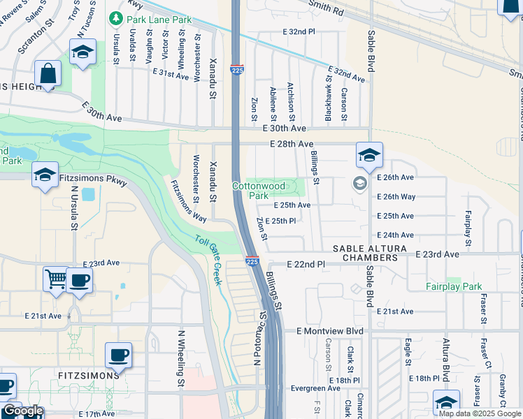 map of restaurants, bars, coffee shops, grocery stores, and more near 13706 E 25th Ave in Aurora