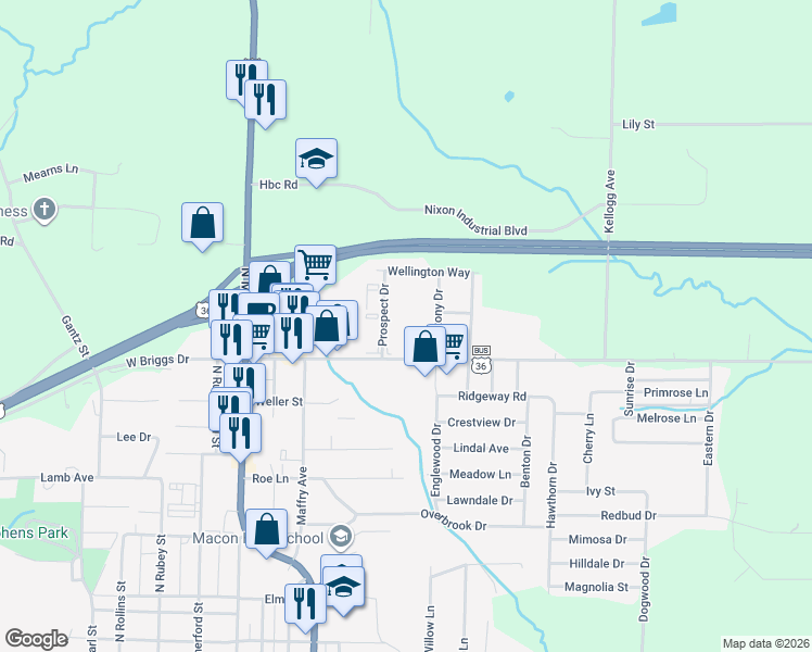 map of restaurants, bars, coffee shops, grocery stores, and more near 809 East Briggs Drive in Macon