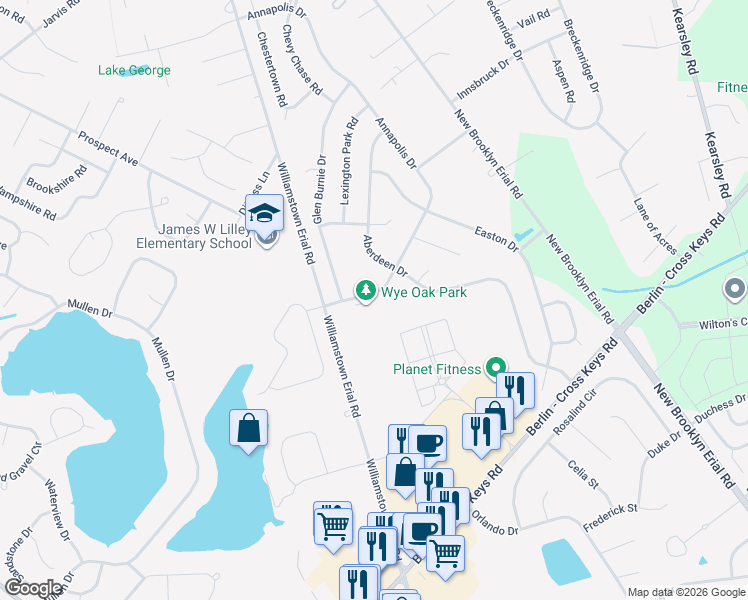 map of restaurants, bars, coffee shops, grocery stores, and more near 1100 Williamstown Erial Road in Gloucester Township