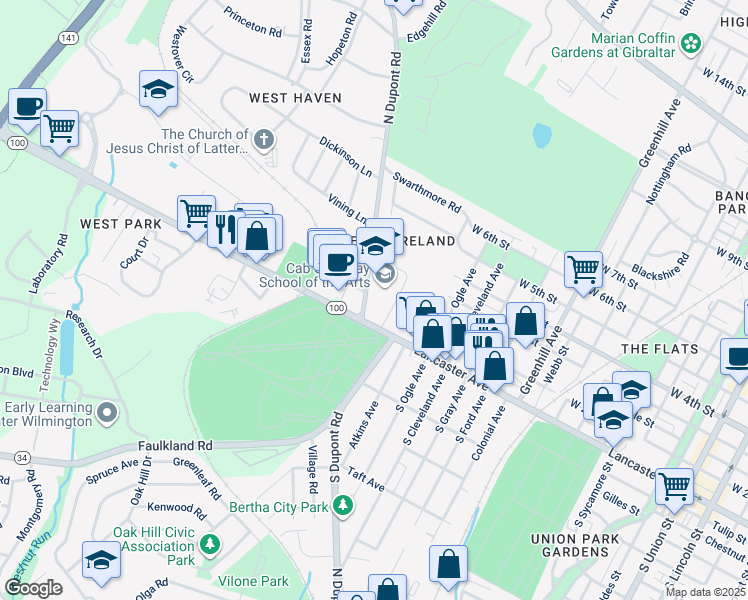 map of restaurants, bars, coffee shops, grocery stores, and more near 100 North Dupont Road in Wilmington