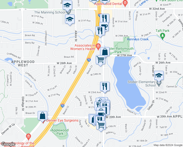map of restaurants, bars, coffee shops, grocery stores, and more near 12985 West 24th Place in Golden