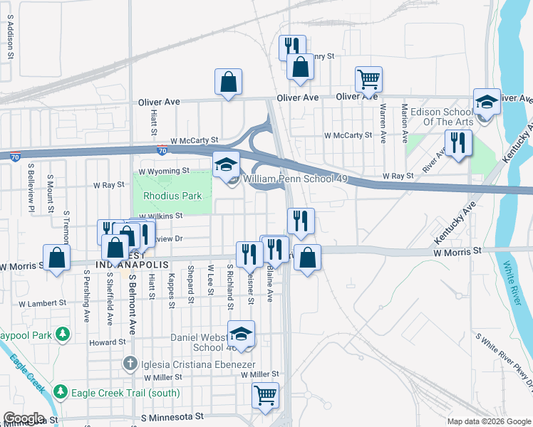 map of restaurants, bars, coffee shops, grocery stores, and more near 1598 West Wilkins Street in Indianapolis