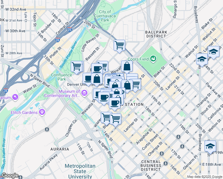 map of restaurants, bars, coffee shops, grocery stores, and more near 1701 Wynkoop Street in Denver