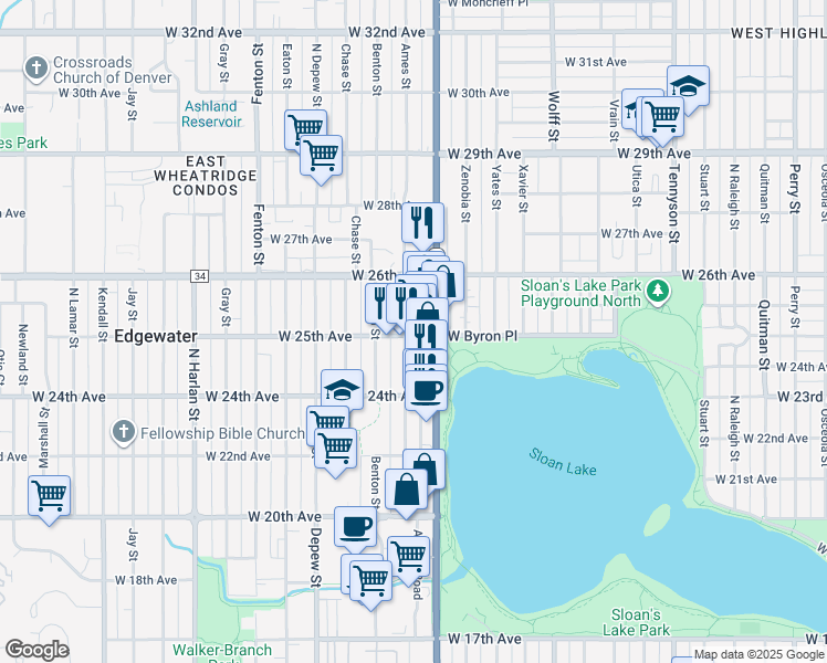 map of restaurants, bars, coffee shops, grocery stores, and more near 5222 West 25th Avenue in Edgewater