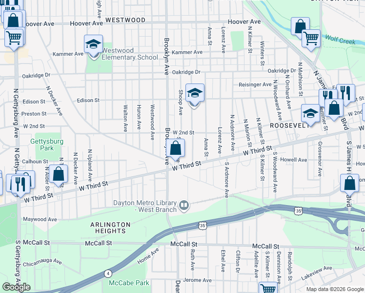 map of restaurants, bars, coffee shops, grocery stores, and more near 52 Shoop Avenue in Dayton