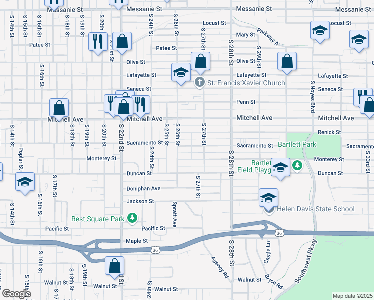 map of restaurants, bars, coffee shops, grocery stores, and more near 2610 Sacramento Street in Saint Joseph