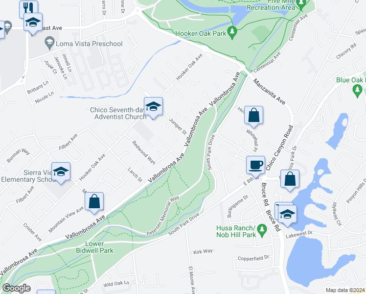 map of restaurants, bars, coffee shops, grocery stores, and more near 1860 Vallombrosa Avenue in Chico