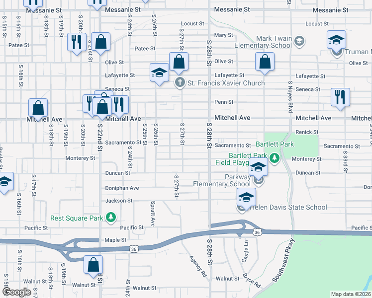 map of restaurants, bars, coffee shops, grocery stores, and more near 1512 South 27th Street in Saint Joseph