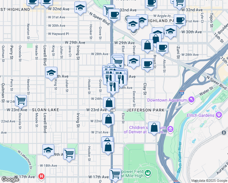 map of restaurants, bars, coffee shops, grocery stores, and more near 2434 Federal Boulevard in Denver