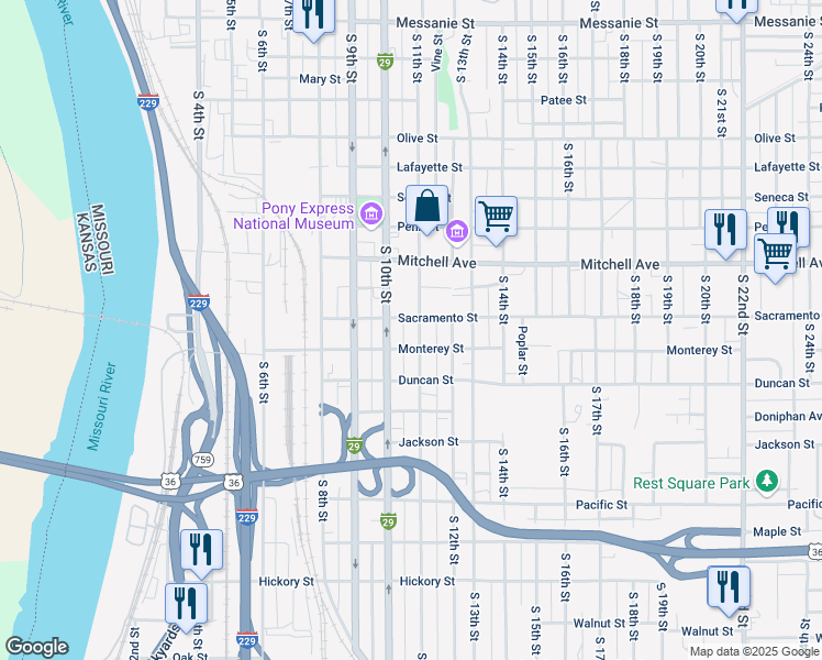 map of restaurants, bars, coffee shops, grocery stores, and more near 1513 South 11th Street in Saint Joseph