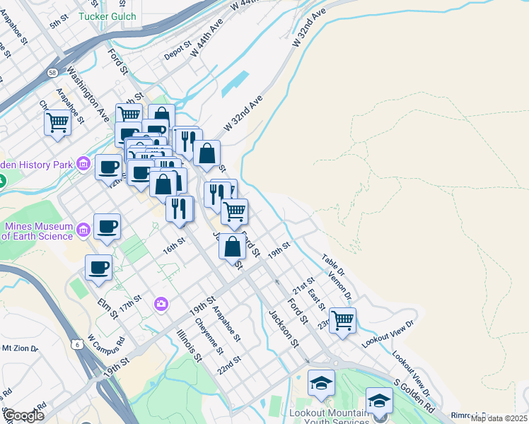 map of restaurants, bars, coffee shops, grocery stores, and more near 500 17th Street in Golden