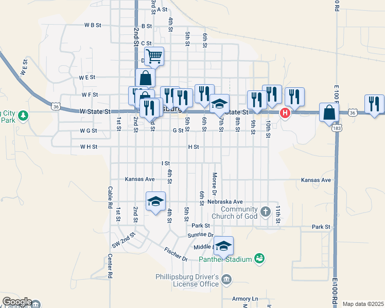 map of restaurants, bars, coffee shops, grocery stores, and more near I St in Phillipsburg