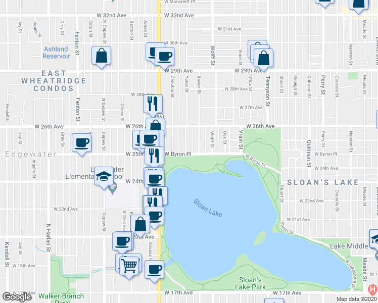 map of restaurants, bars, coffee shops, grocery stores, and more near 4939 West Byron Place in Denver