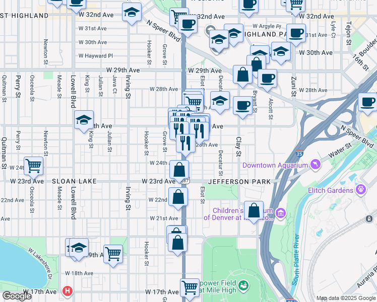 map of restaurants, bars, coffee shops, grocery stores, and more near 2434 Federal Boulevard in Denver