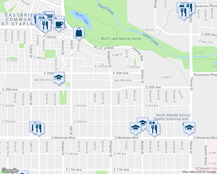 map of restaurants, bars, coffee shops, grocery stores, and more near 2507 Kingston Street in Aurora