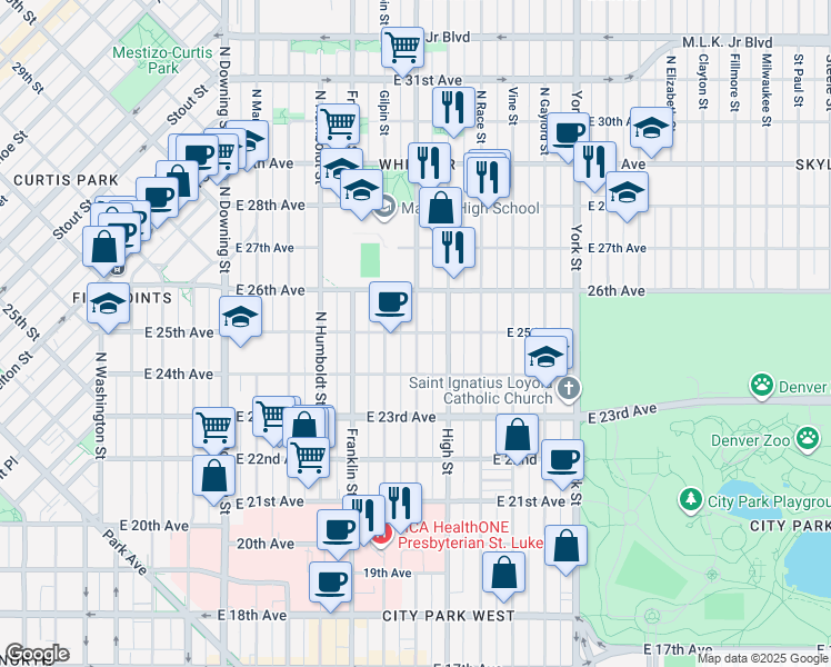 map of restaurants, bars, coffee shops, grocery stores, and more near 1812 East 25th Avenue in Denver