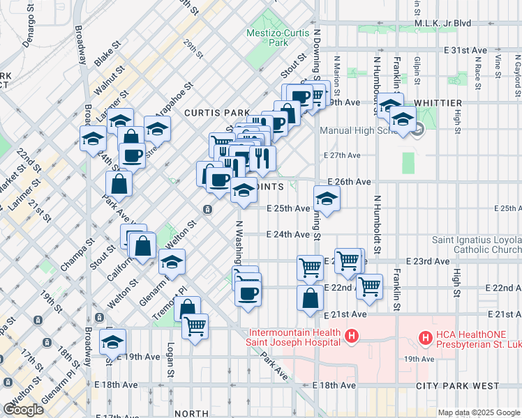 map of restaurants, bars, coffee shops, grocery stores, and more near 726 East 25th Avenue in Denver