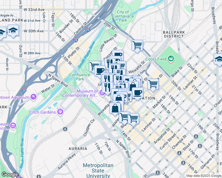 map of restaurants, bars, coffee shops, grocery stores, and more near 1900 16th Street Mall in Denver