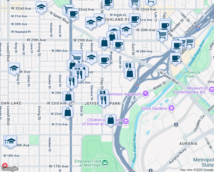 map of restaurants, bars, coffee shops, grocery stores, and more near 2425 Bryant Street in Denver