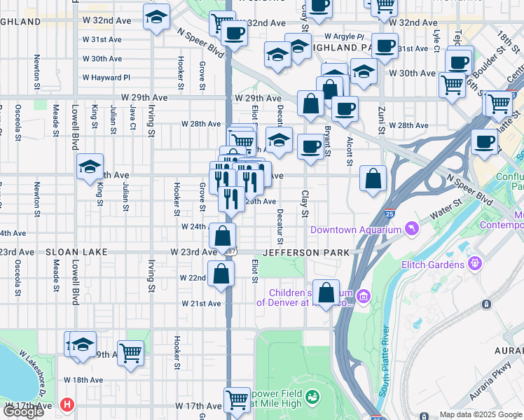 map of restaurants, bars, coffee shops, grocery stores, and more near 2810 West 25th Avenue in Denver