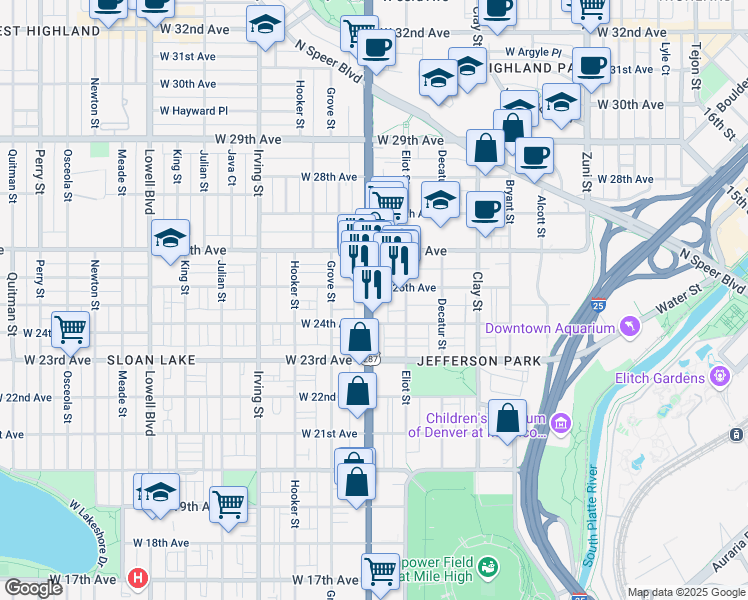 map of restaurants, bars, coffee shops, grocery stores, and more near 2425 U.S. 287 in Denver