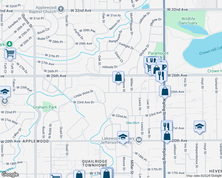 map of restaurants, bars, coffee shops, grocery stores, and more near 10631 West 25th Avenue in Lakewood