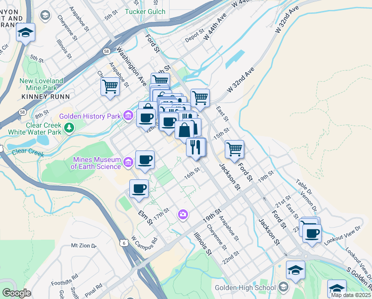 map of restaurants, bars, coffee shops, grocery stores, and more near 817 14th Street in Golden