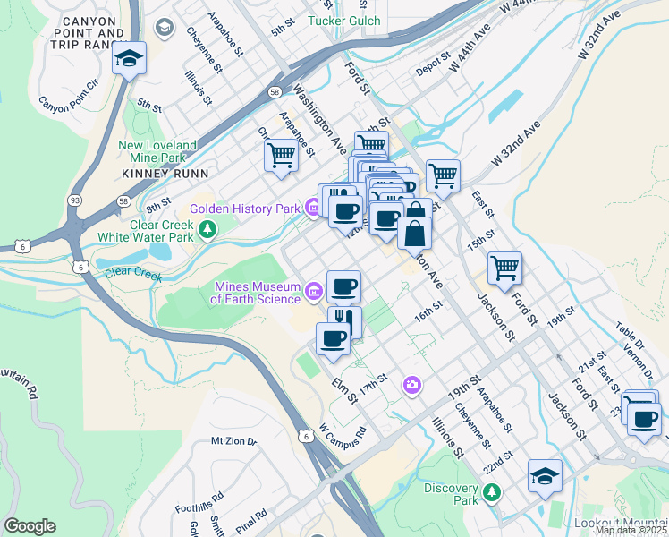 map of restaurants, bars, coffee shops, grocery stores, and more near 1221 Illinois Street in Golden